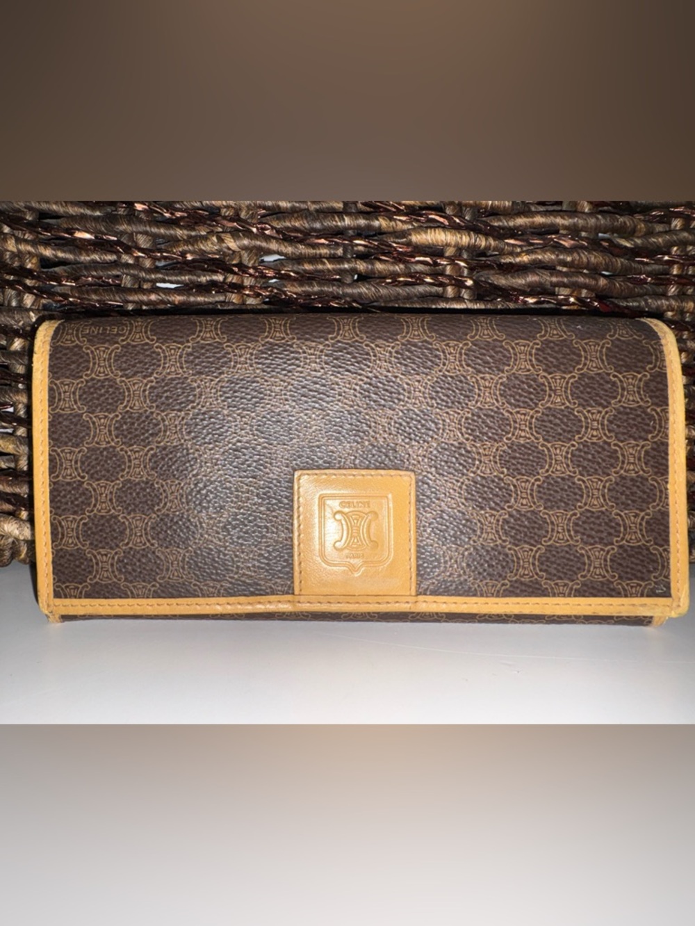 Vintage Celine Macadam Brown & Tan Long Wallet Kisslock Clutch